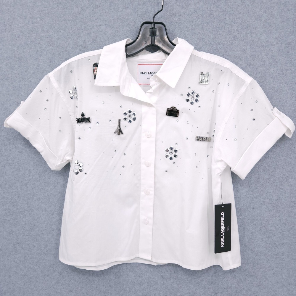 Karl Lagerfeld Paris Embellished Cropped Button Down White Shirt Womens Size PXS